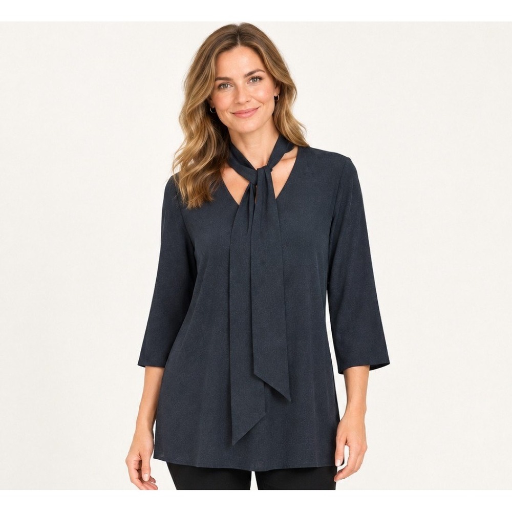 St. John Tie Neck Tunic Women Small Black 3/4 Sleeve V-Neck Blouse Quiet Luxury